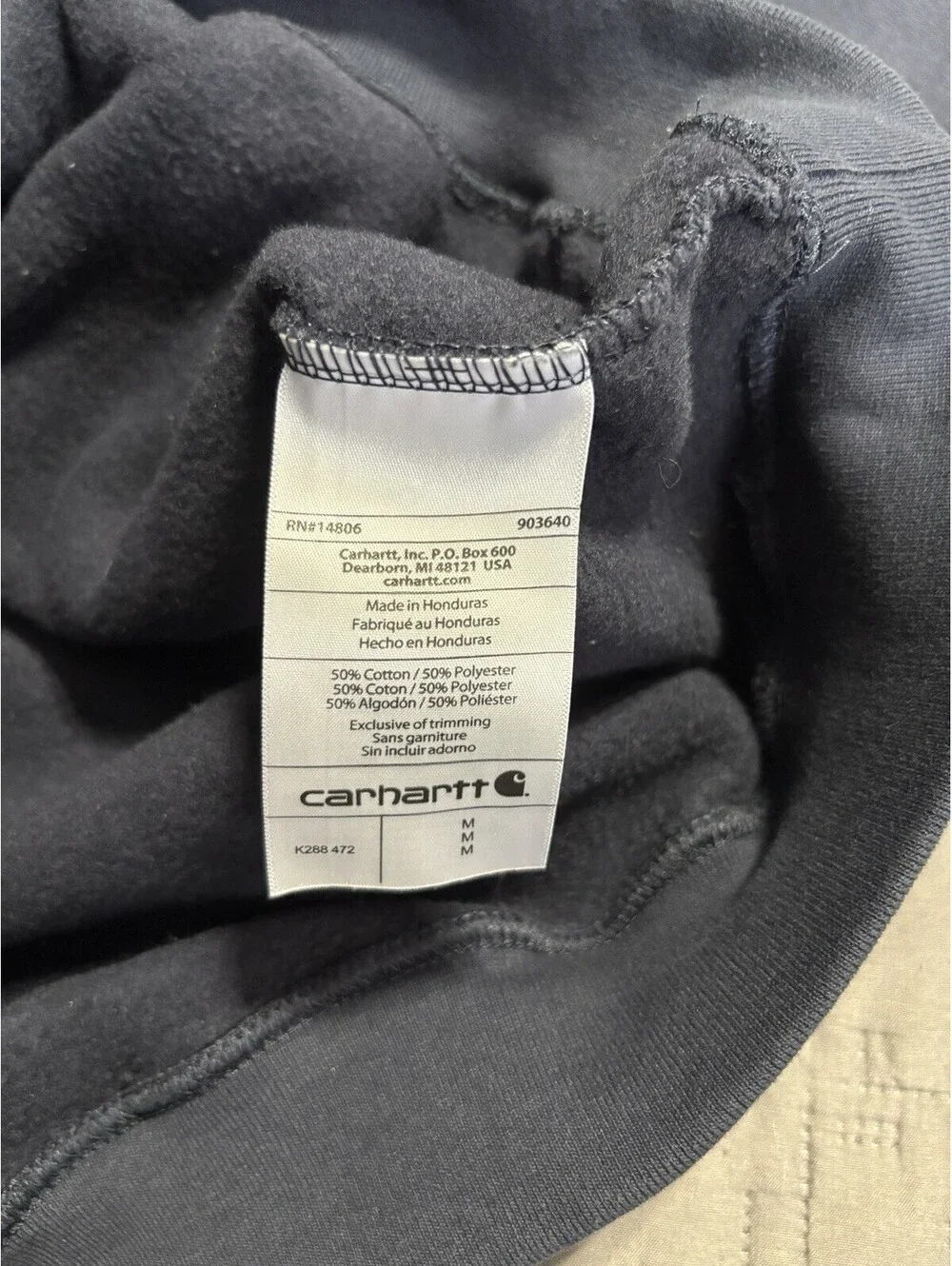 Carhartt K288 Hoodie Mens M Navy Loose Fit Logo Sleeve Workwear